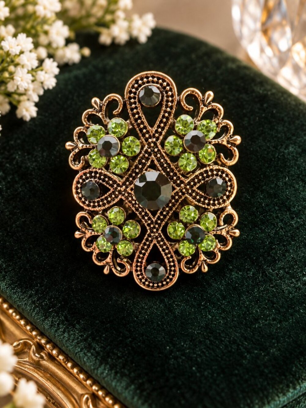 Green Rhinestone Floral Brooch vintage Gold Bronze Tone Filigree Statement Pin